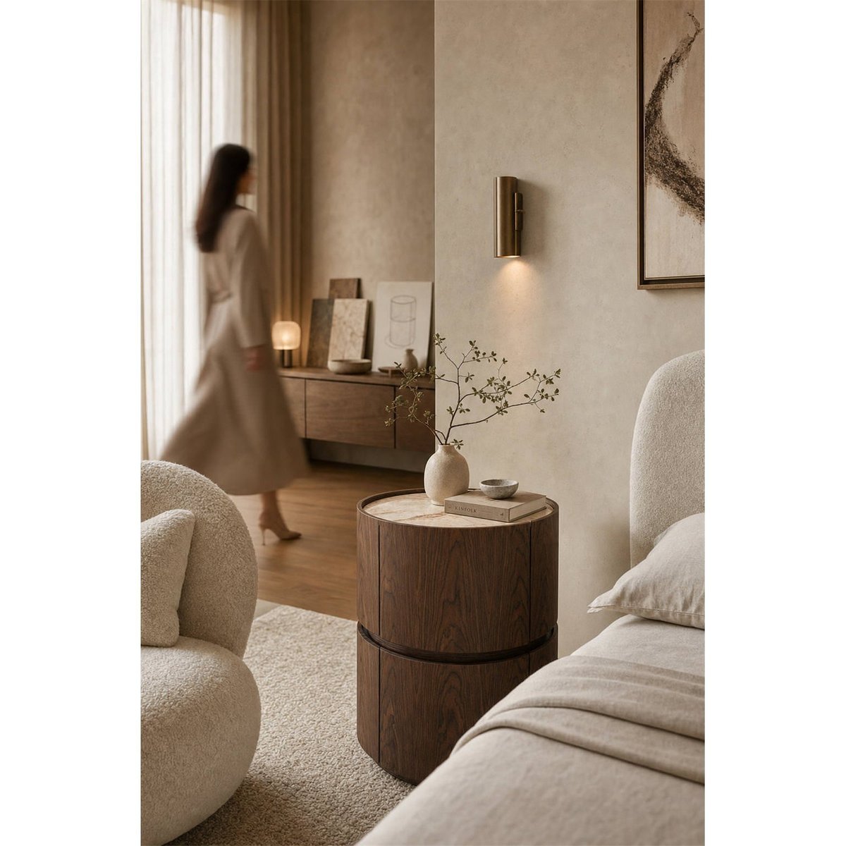Table de chevet ronde 2 tiroirs en bois marron brun avec plateau céramique beige veiné, RECOLLECTION