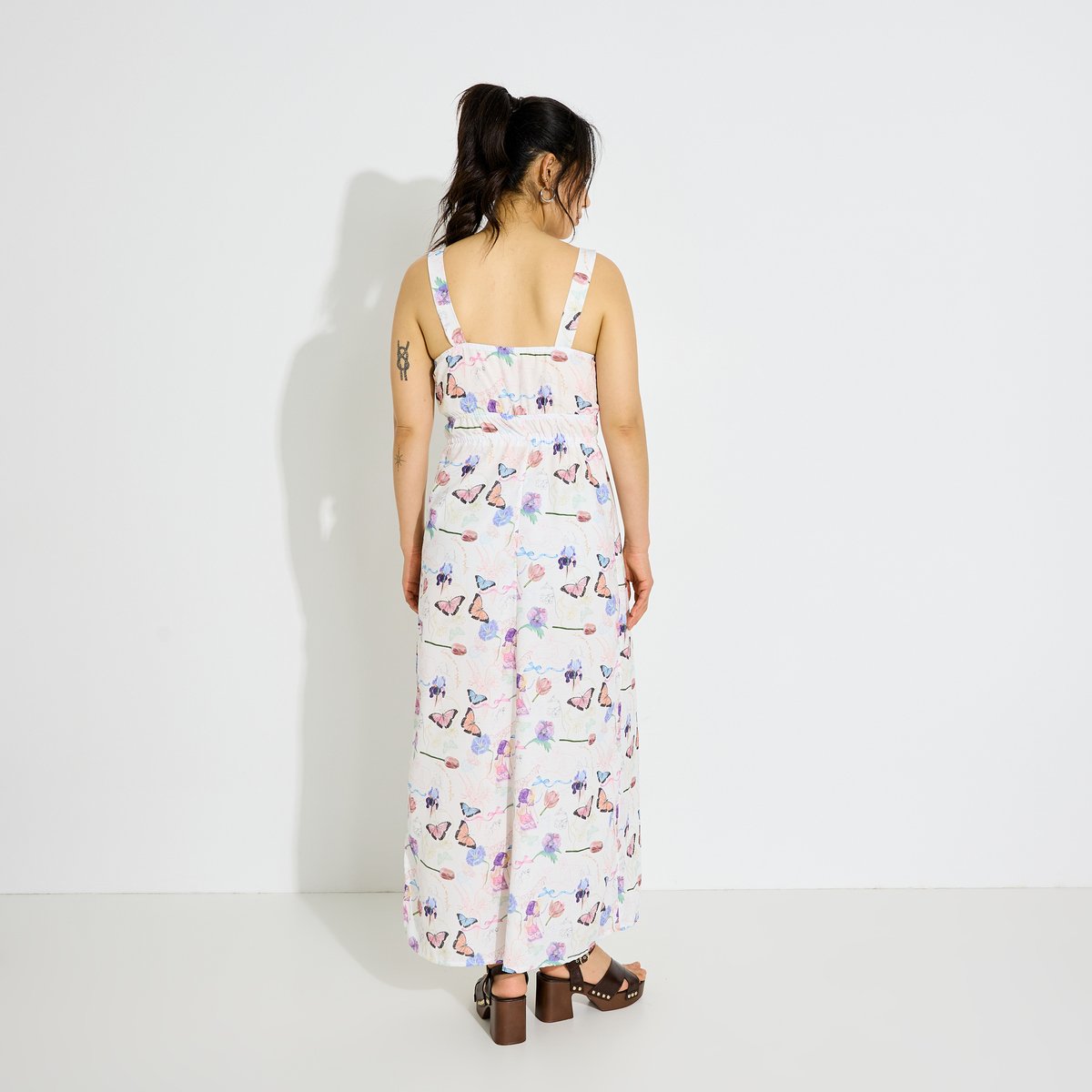 Robe longue fluide imprimée à bretelles blanc cassé ecru, GRAIN DE MALICE