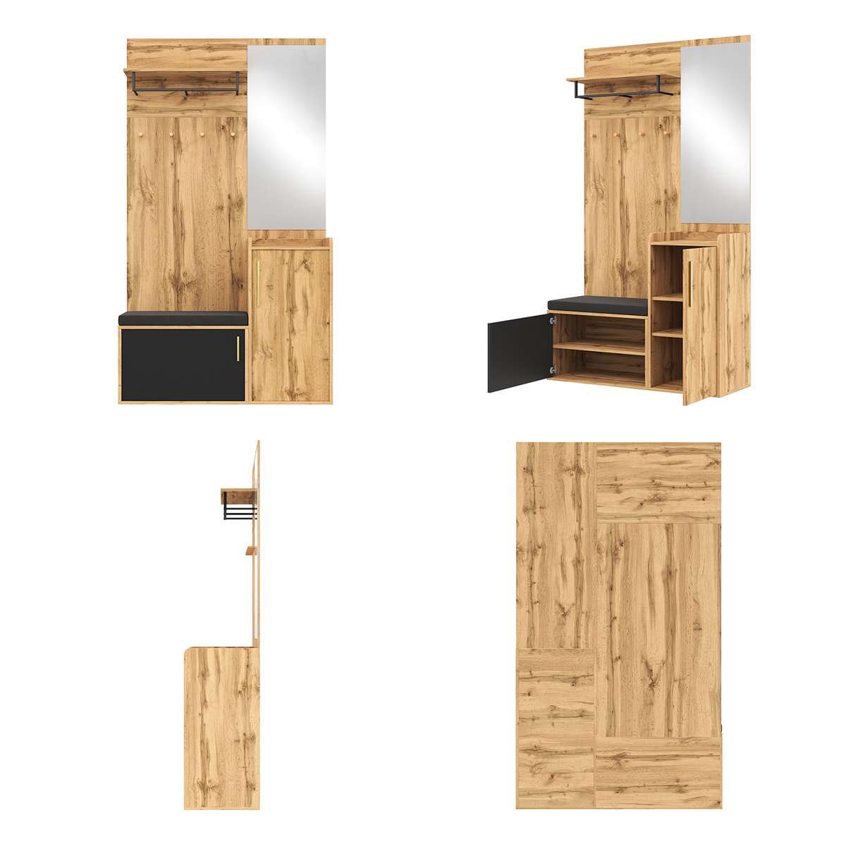 Vestiaire d'entrée avec miroir banc et rangement, PORTER-H hêtre, MEUBLES COSY