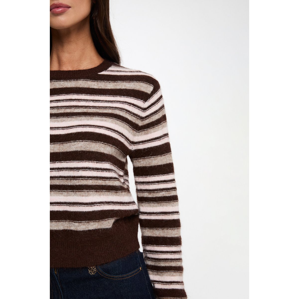Pull rayé col rond marron, MORGAN