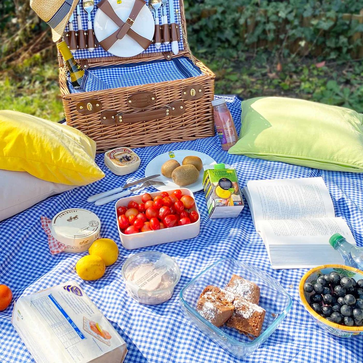 Nappe pique-nique à revers imperméable bleu et blanc, LES JARDINS DE LA COMTESSE