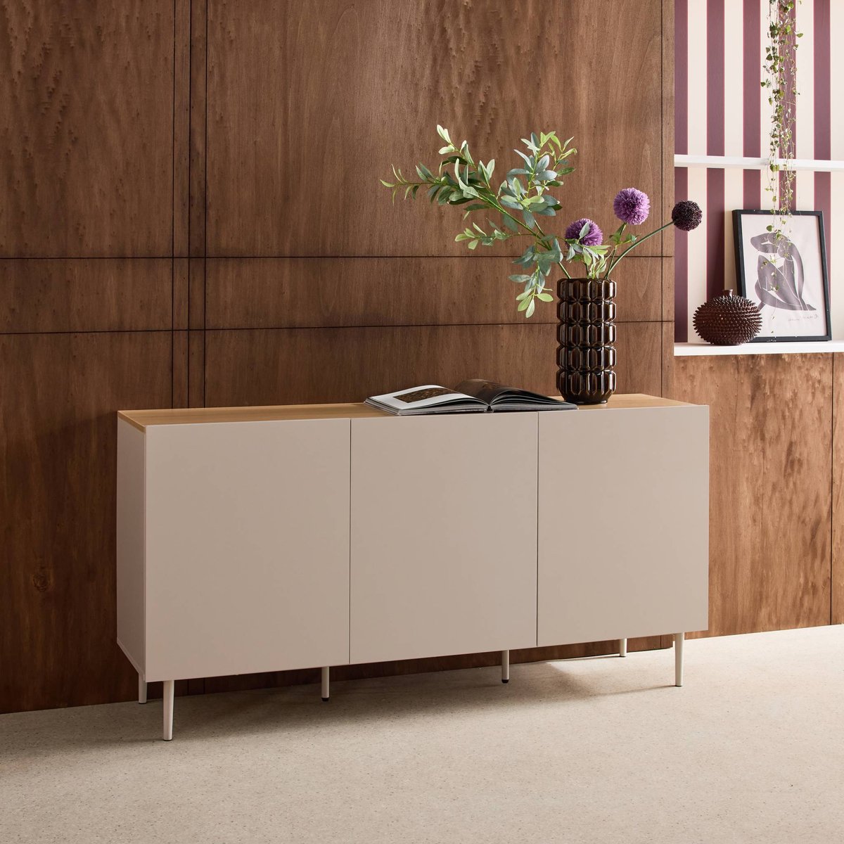 Buffet décor bois piétement métal 3 portes 150cm ASHTON gris, SWEEEK