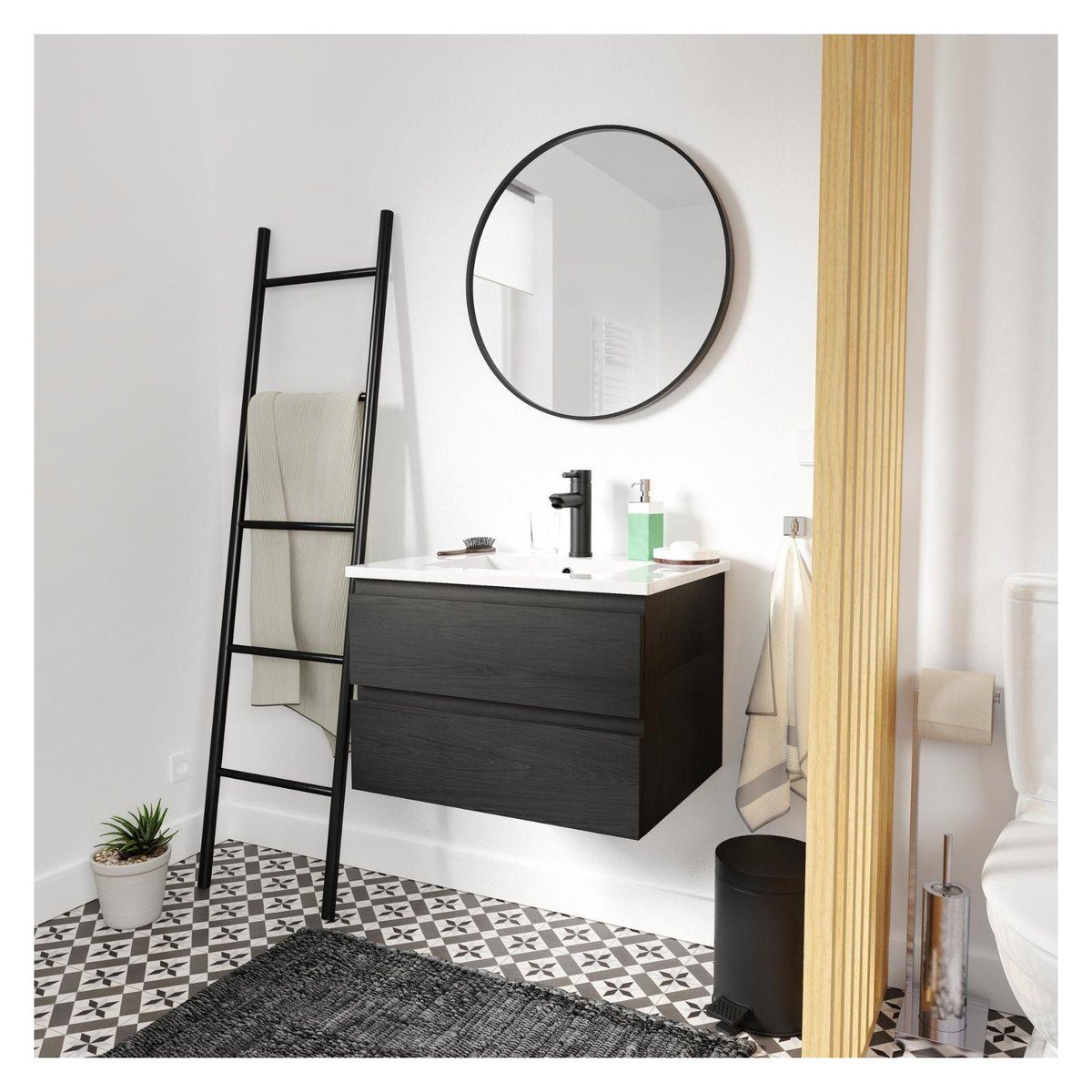 Meuble simple +vasque+robinet+miroir SORRENTO décor chêne carbone, MOB IN