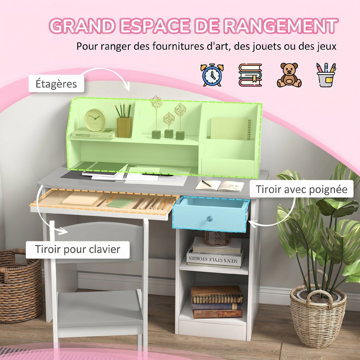 Bureau d'étude pour enfants avec chaise MDF gris et blanc, ZONEKIZ