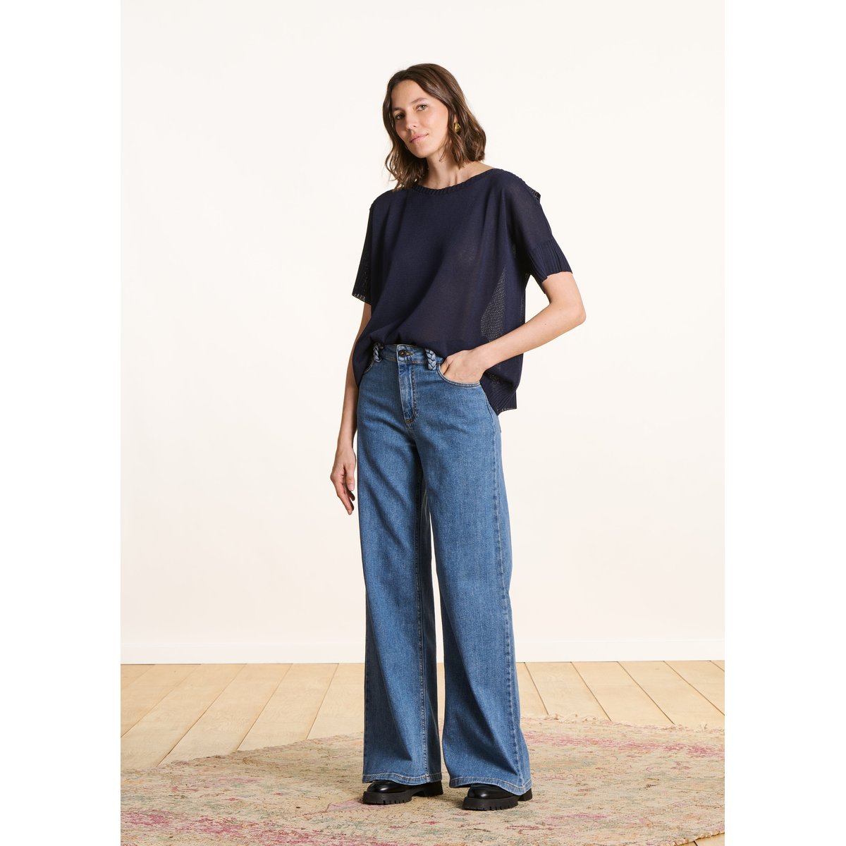 Pull manches courtes maille irisée marine, LA FEE MARABOUTEE