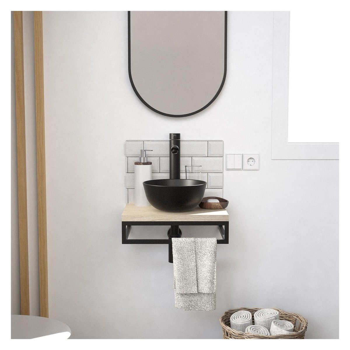 Lave-mains plan fin + vasque + miroir SOHO décor chêne, MOB IN