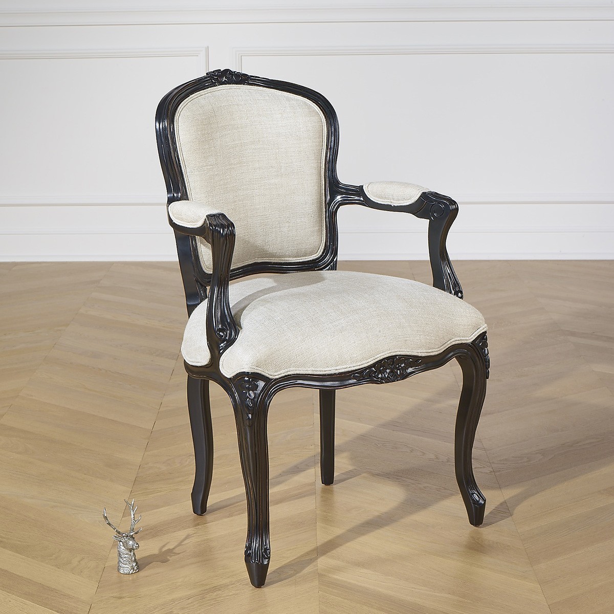 Fauteuil de table en hévéa teinté noir et lin premium LOUVRE lin, ROBIN DES BOIS