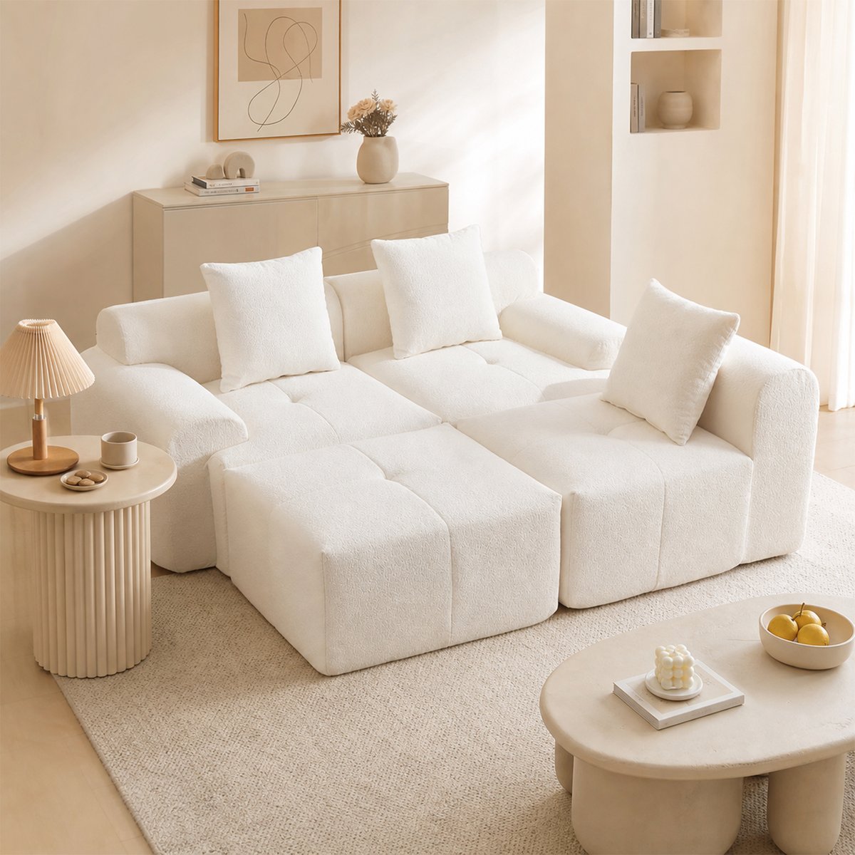 Canapé d'angle réversible compressé 3 places avec pouf, LANDIB beige, MEUBLES COSY