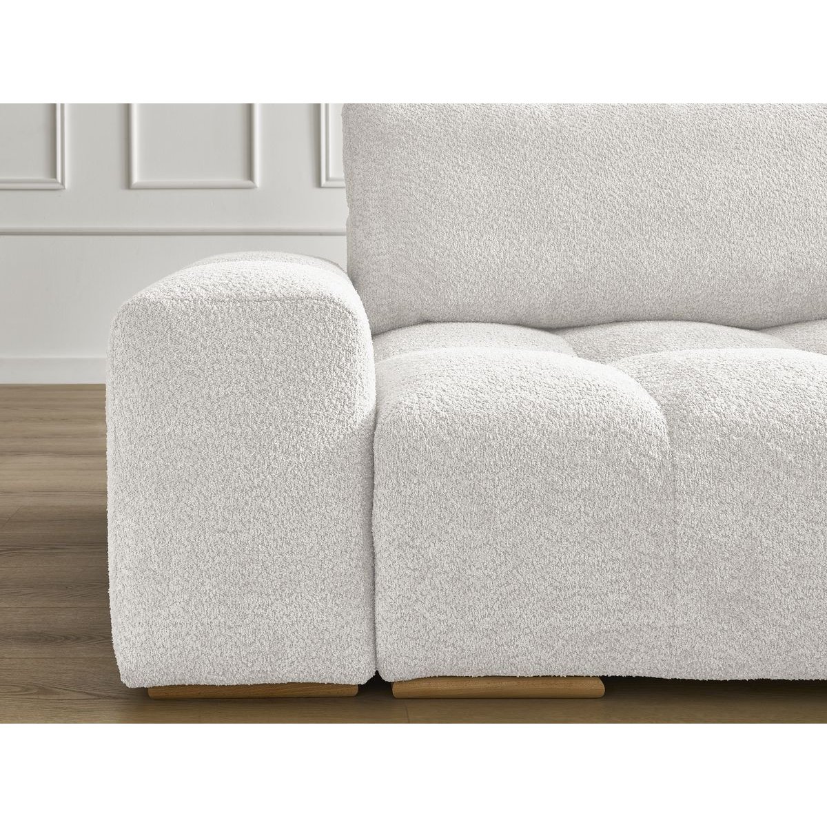 Canapé droit fixe 4 places en tissu bouclette avec pouf, ANAKIN blanc, BOBOCHIC