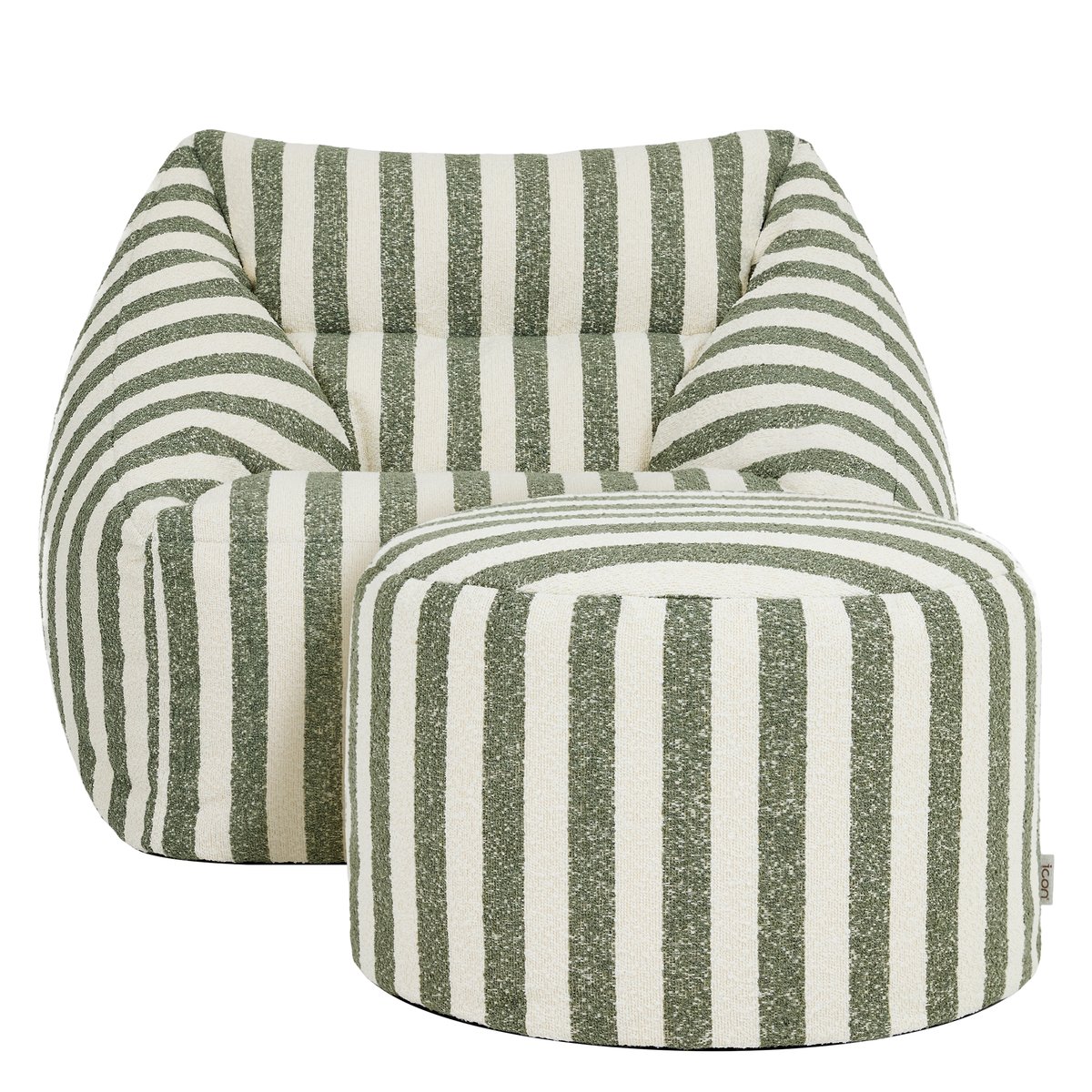 Pouf fauteuil et son repose-pied rond en bouclette rayée Oeko-Tex® - NATALIA vert olive, ICON