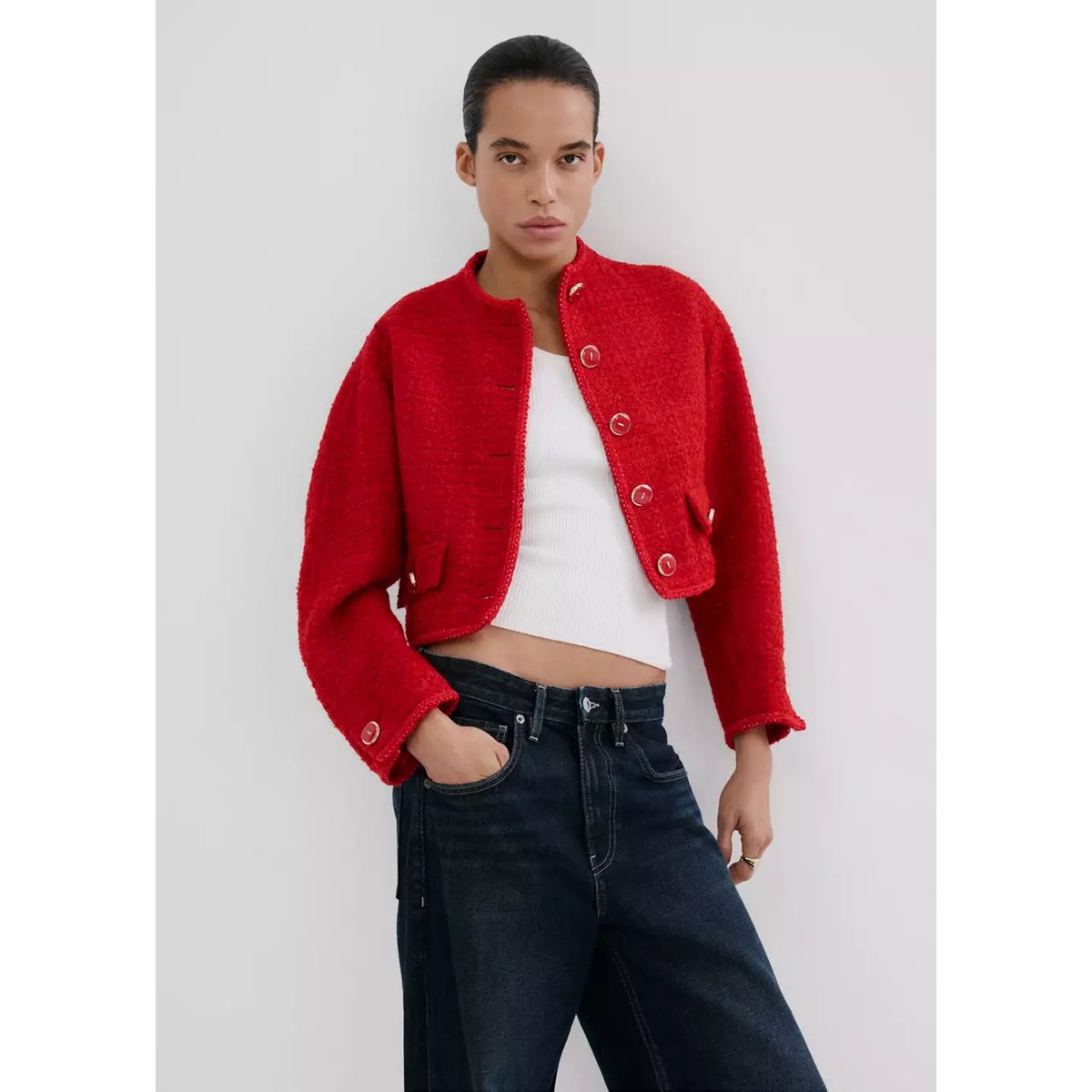 Veste tweed boutons bijoux rouge, MANGO