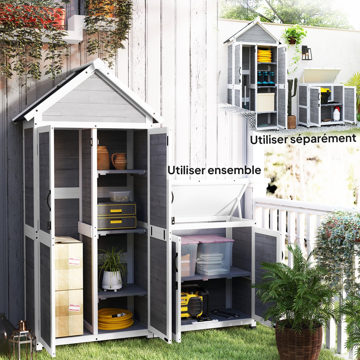 Ensemble armoire de jardin avec coffre extérieur assorti bois gris, OUTSUNNY