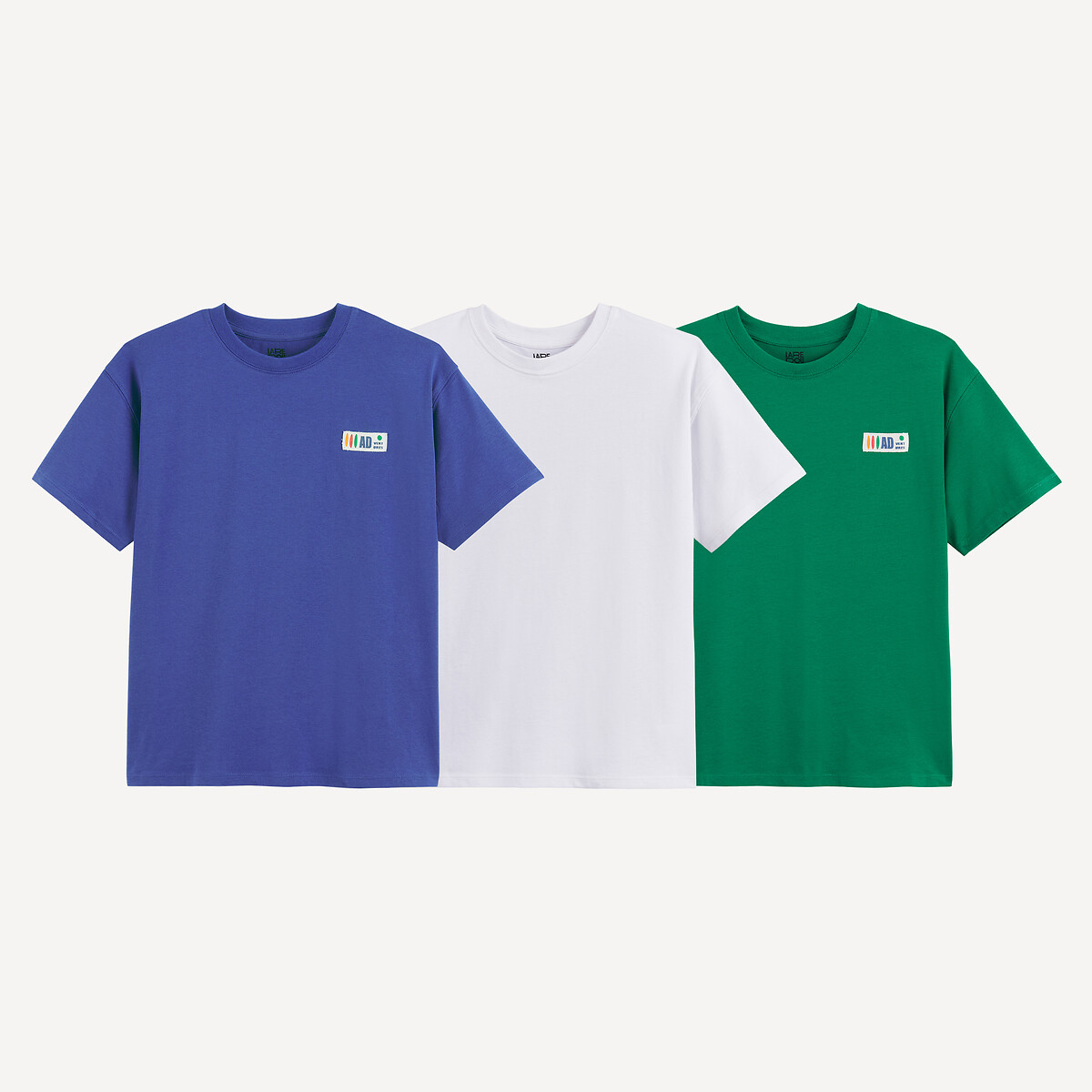 Lot de 3 T-shirts col rond à manches courtes blanc + bleu + vert, LA REDOUTE COLLECTIONS