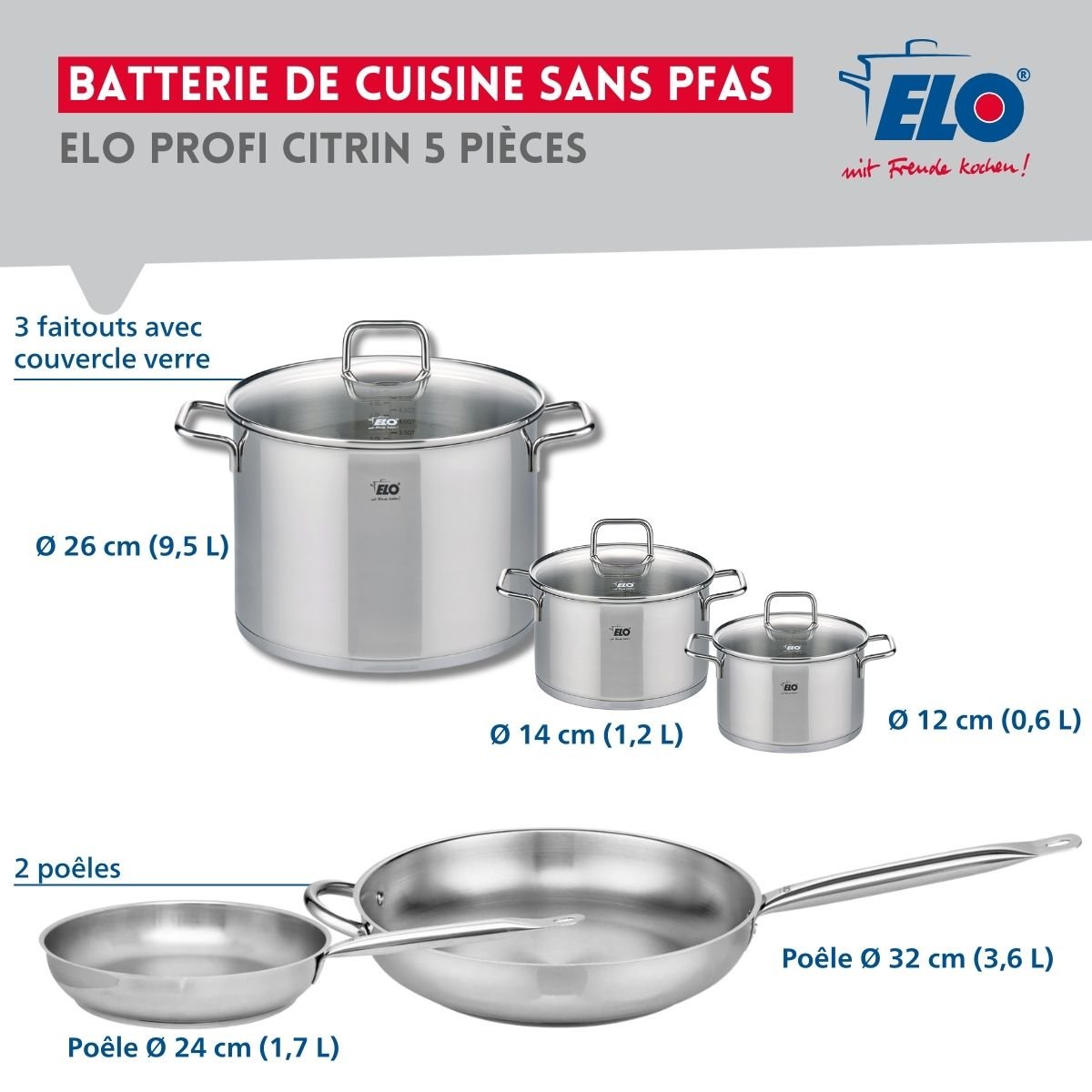 Batterie 2 poêles 24/32cm + 3 faitouts 12/14/26cm PROFI CITRIN gris, ELO