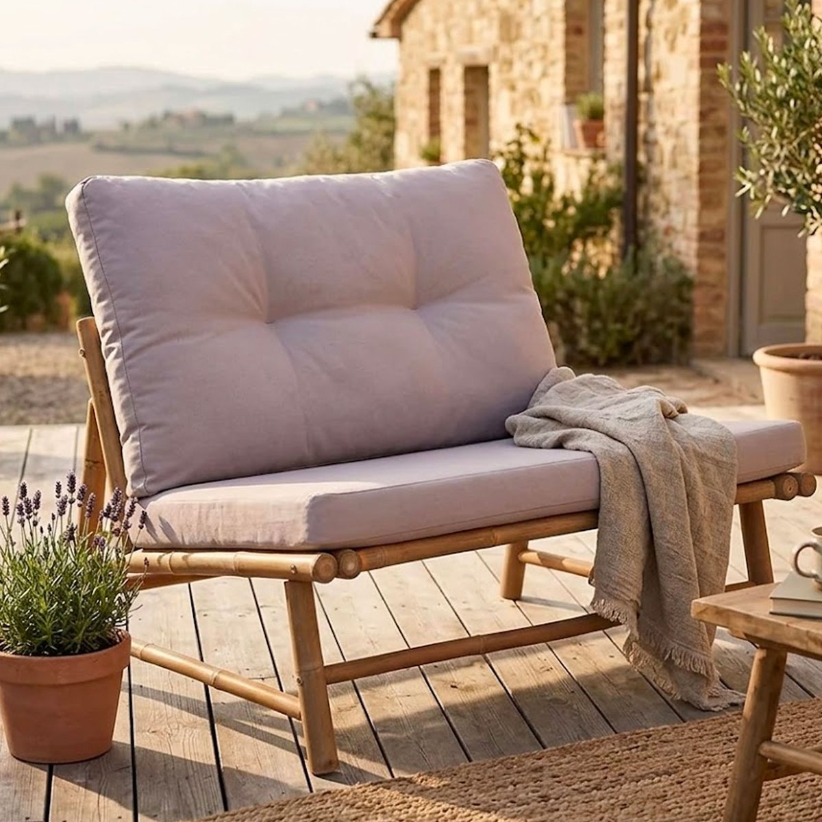 Fauteuil en bambou et coussins beiges 78x76x76cm bois, WADIGA