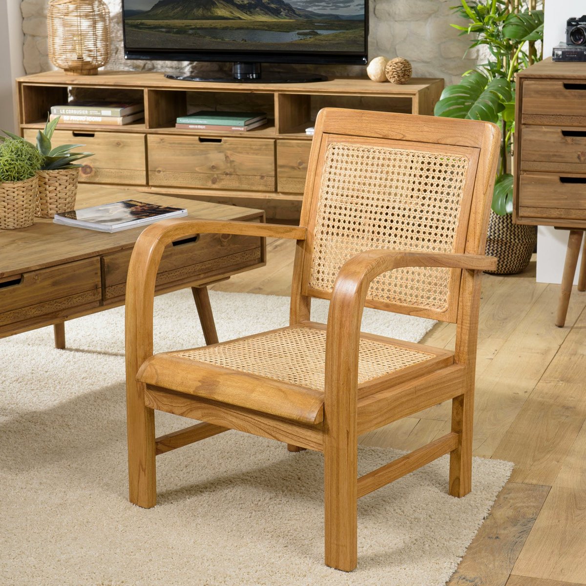 Fauteuil relax bois et rotin DIKA bois clair, PIER IMPORT