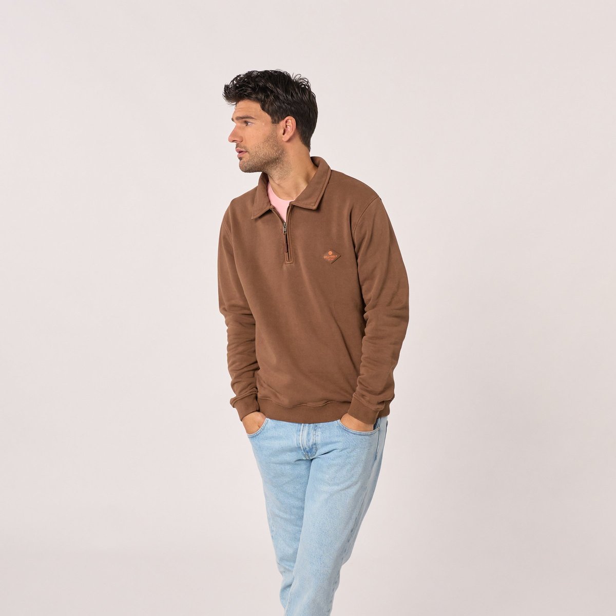 Sweatshirt en coton biologique à col ZIPPE marron, BILLYBELT