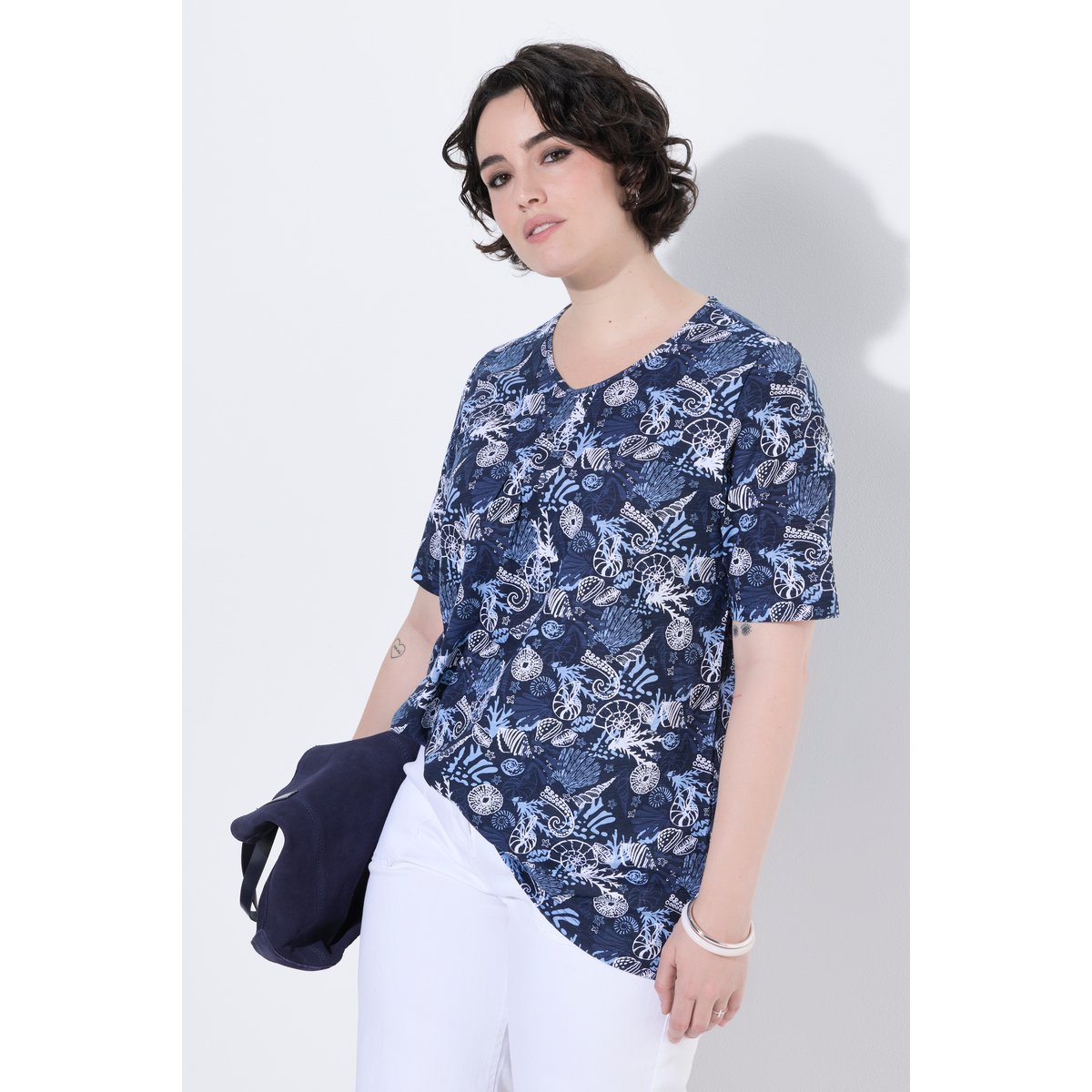 T-shirt avec plis fantaisie, coupe évasée marine, ULLA POPKEN