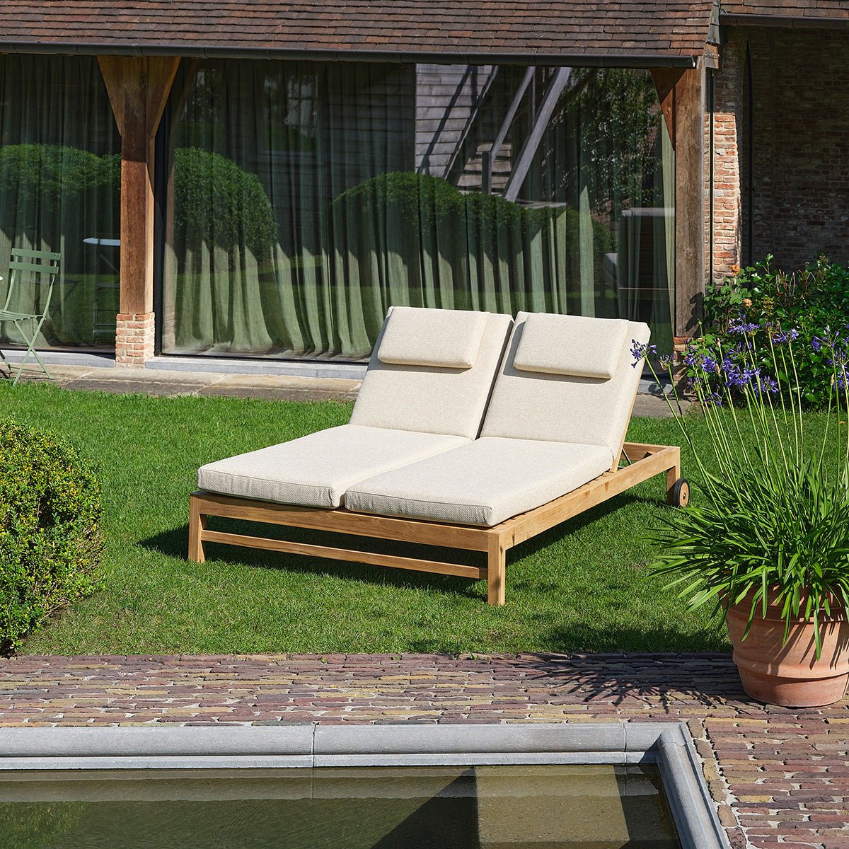 Bain de soleil double inclinable en teck massif avec coussins beige chiné PALOMBAGGIA beige_chine, BERAH GETAH