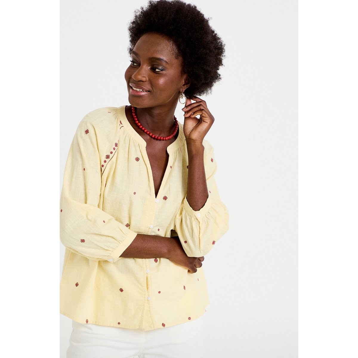 Blouse ample col tunisien manches 3/4 jaune pastel, CACHE CACHE