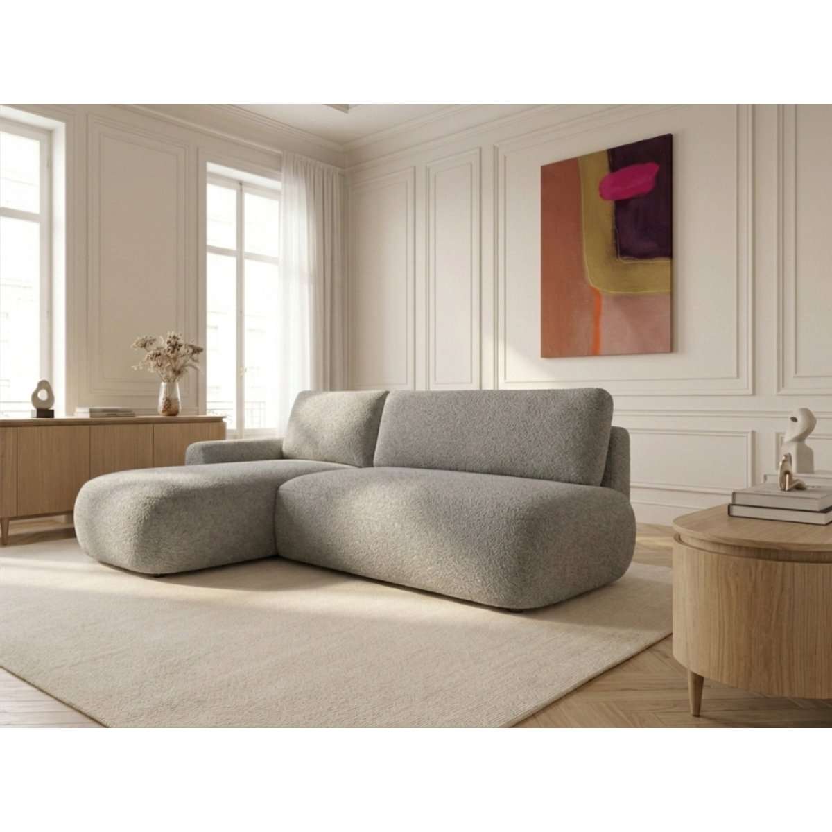 Canapé d'angle convertible 3 places en tissu bouclette, TANGO gris, BOBOCHIC