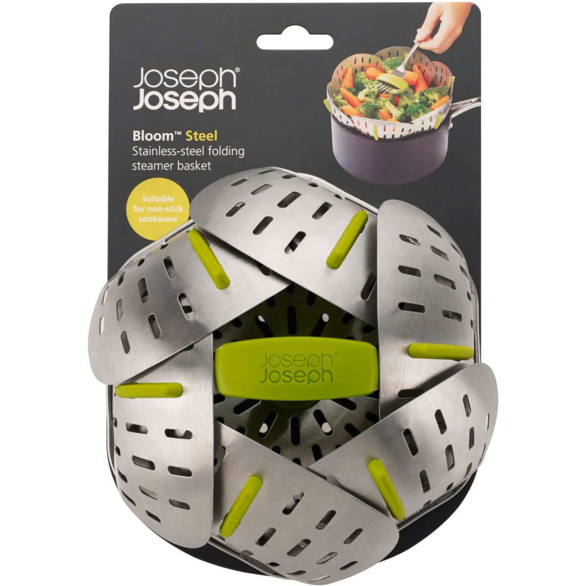 Panier vapeur Bloom Steel pliable en inox vert inox, JOSEPH JOSEPH