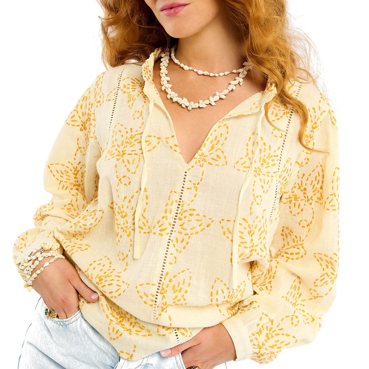 Chemise manches longues à motifs col V KAISSA ecru, WILD