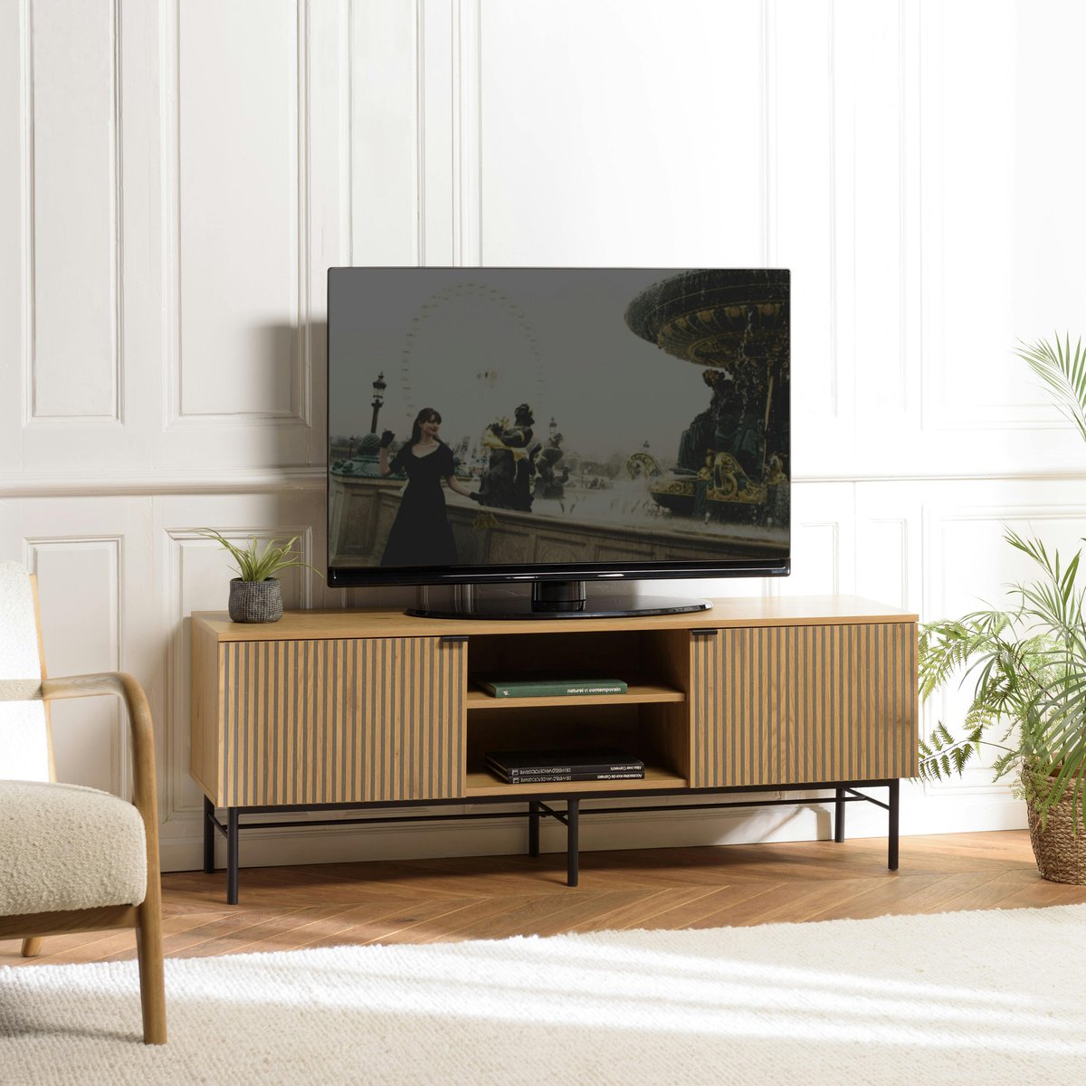 Meuble TV 2 portes 2 niches décor effet bois rainuré noir/naturel OLETTA bois naturel, PIER IMPORT