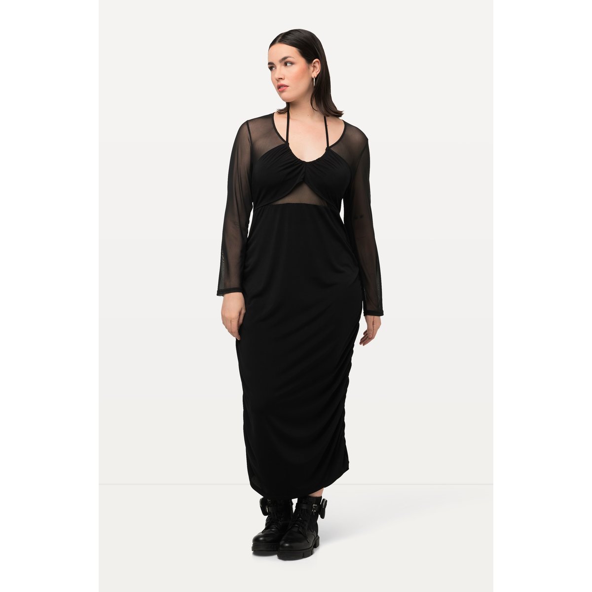 Robe maxi, décolleté en V et manches longues noir, ULLA POPKEN