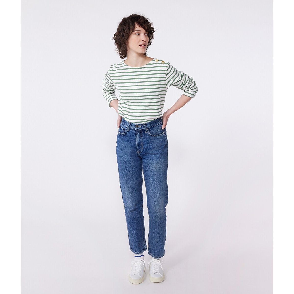 Marinière en coton manches longues blanc/vert, PETIT BATEAU
