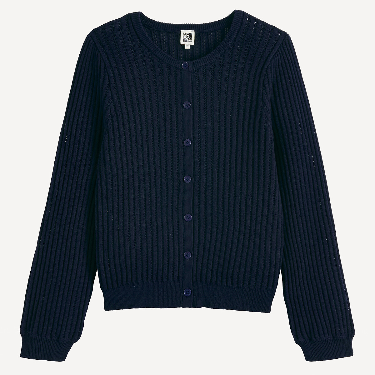 Fine Pointelle Knit Crew Neck Cardigan navy blue, LA REDOUTE COLLECTIONS