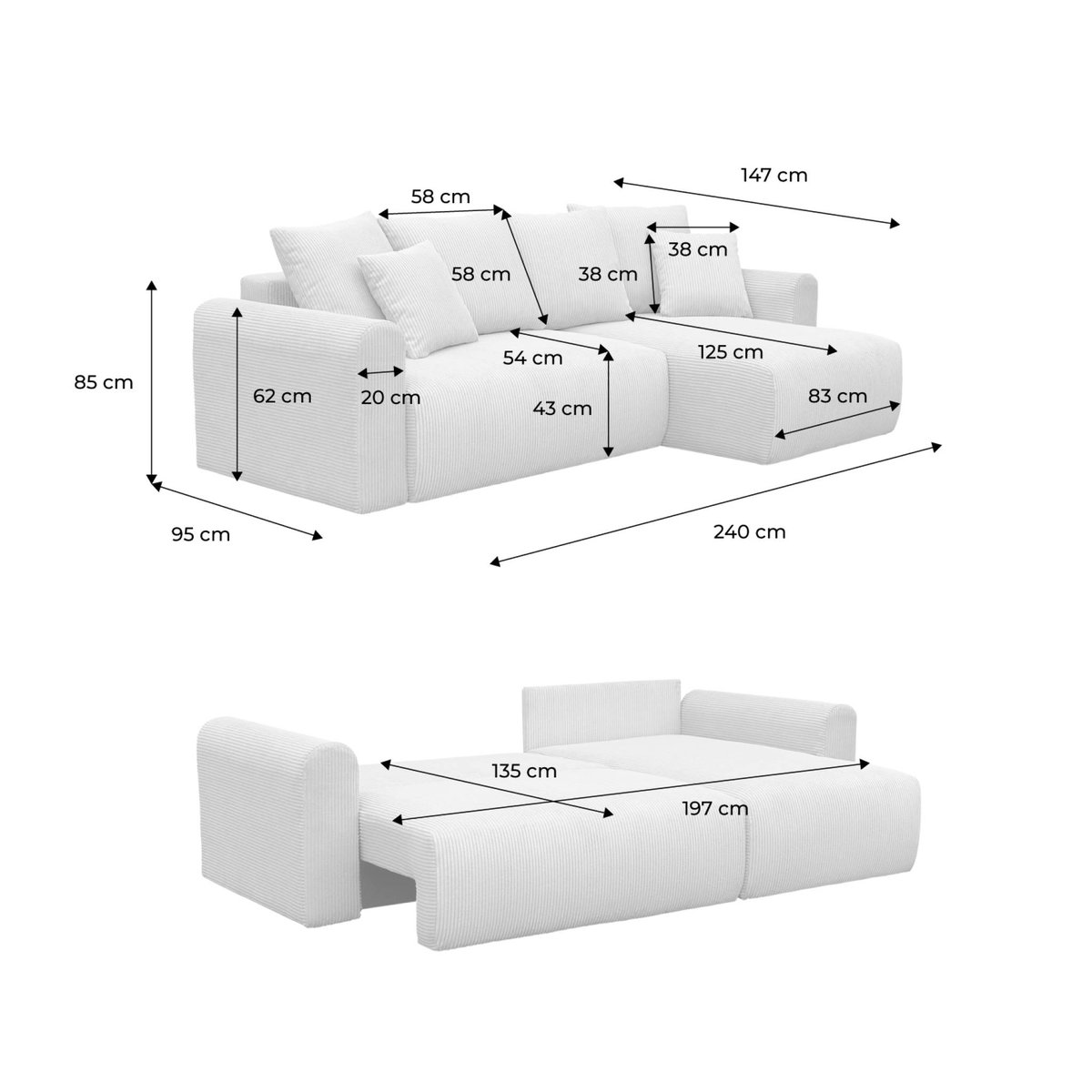 Canapé d'angle convertible réversible 3 places velours côtelé avec coffre ALMO taupe, SWEEEK