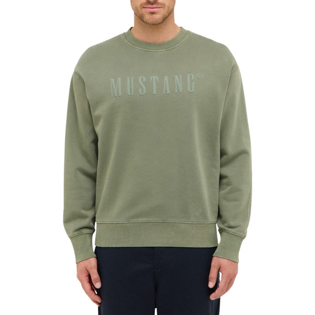 Pull en coton kaki uni avec un col rond et des manches longues kaki, MUSTANG