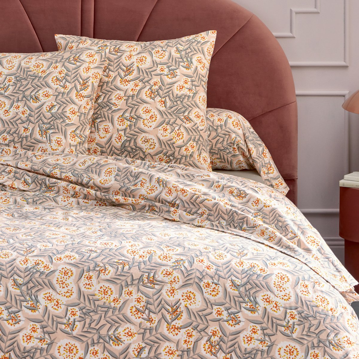 Parure de lit 3 pièces flanelle feuillage housse + taies gris, TRADILINGE