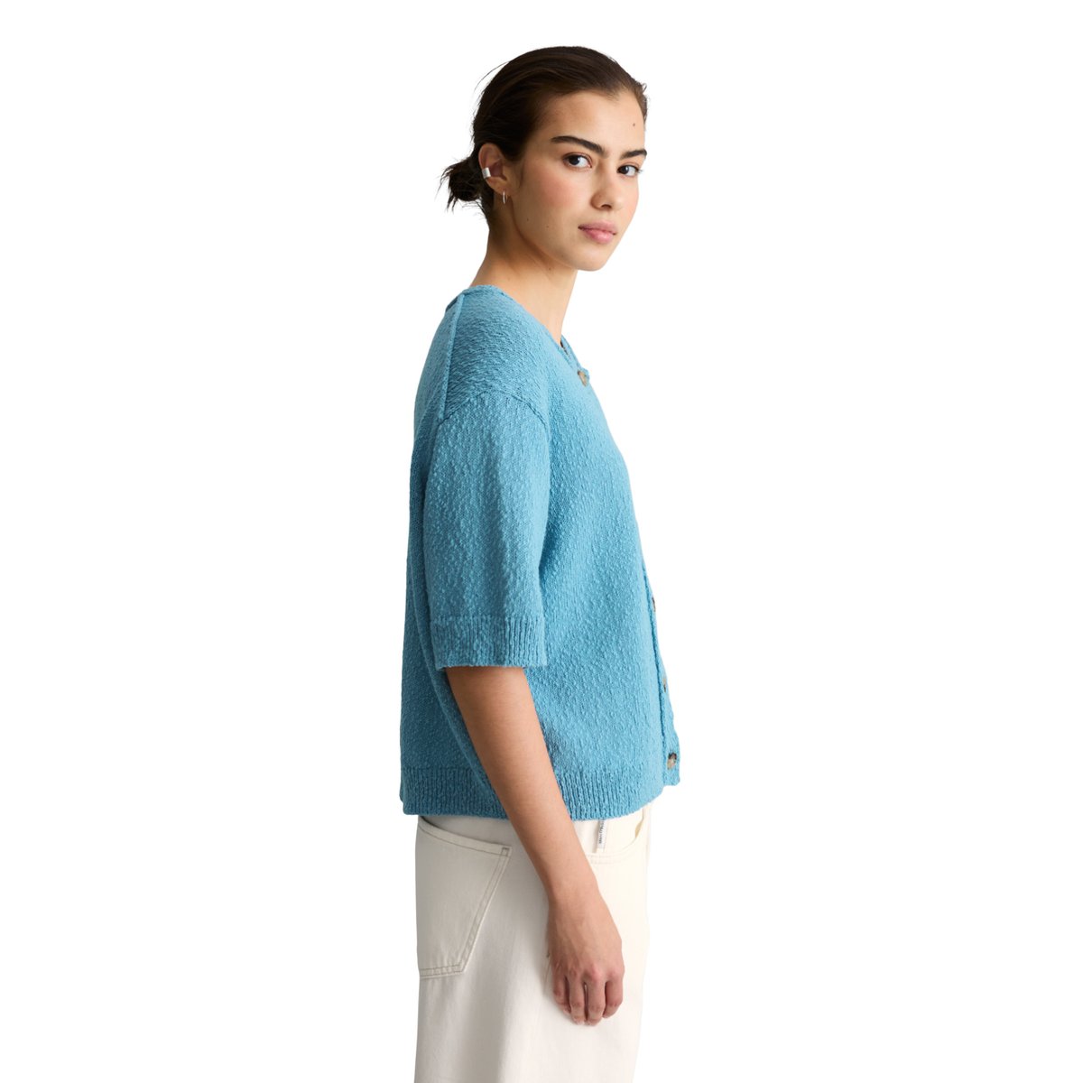 Cardigan manches courtes regular en fil Cotton Slub bleu clair, MARC O’POLO DENIM