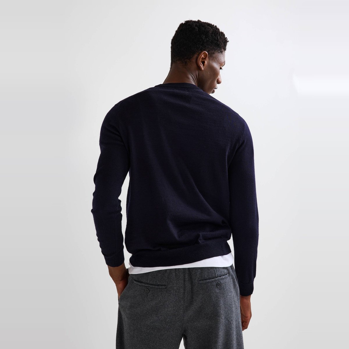 Pull col rond en laine mérinos marine, MONOPRIX