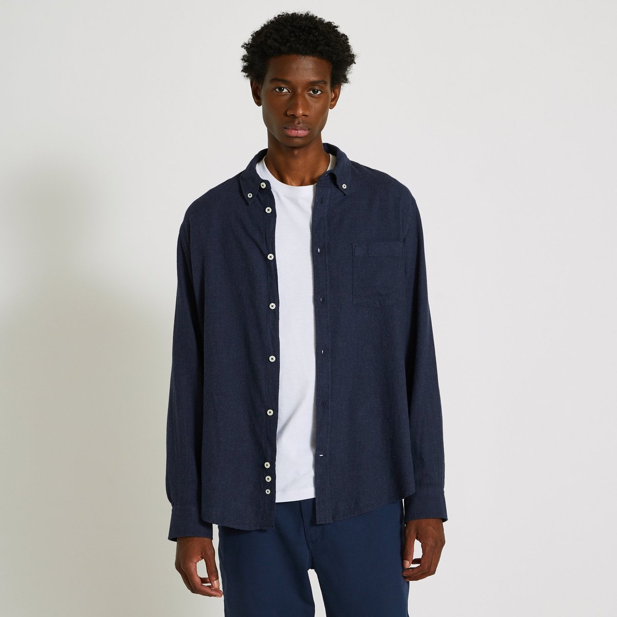 Chemise manches longues en flanelle de coton BIO GOTS marine, MONOPRIX
