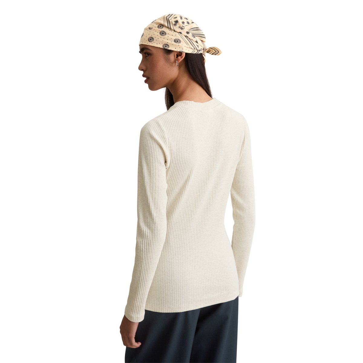 T-shirt long en jersey côtelé slim en coton bio mélangé et élastique blanc naturel, MARC O’POLO DENIM