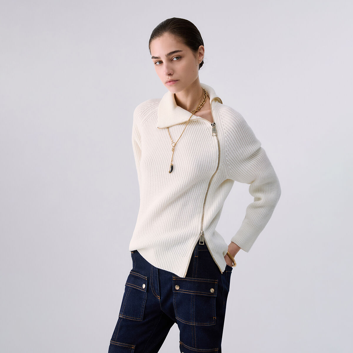Pull en laine avec zip blanc laine, LIU JO
