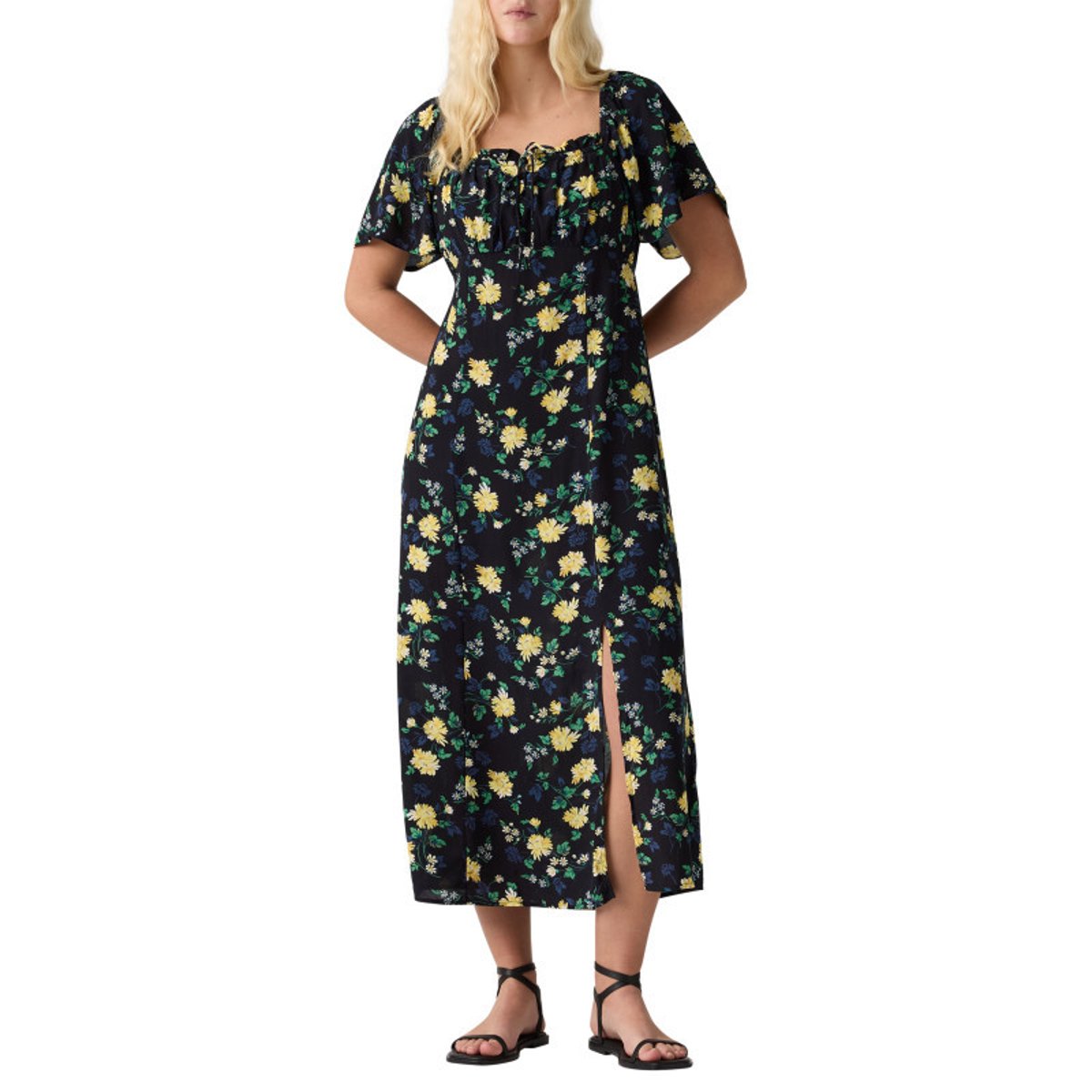 Robe longue noire à motif floral avec une coupe droite et des manches courtes noir, LEVI'S