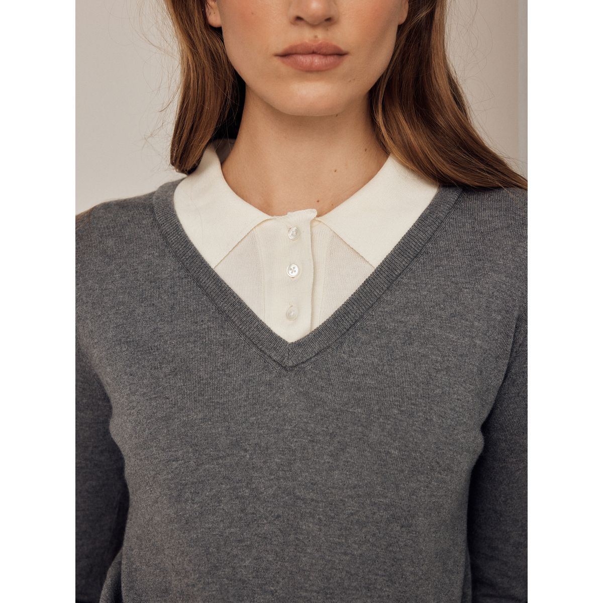 Pull polo effet superposé en coton doux gris, NEXT