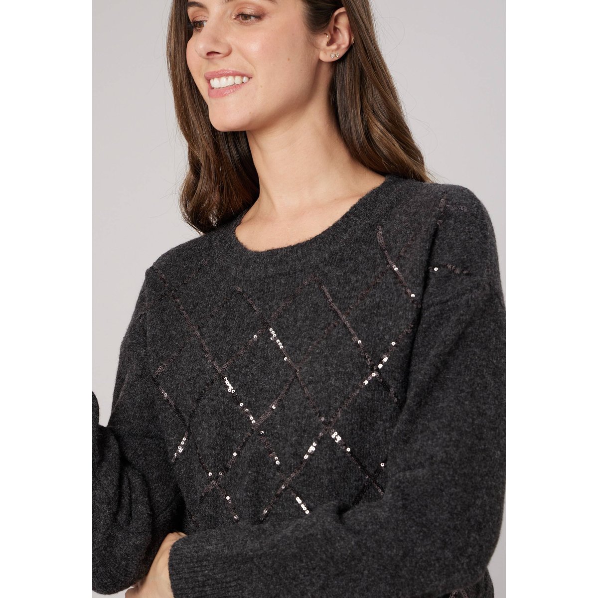 Pull femme maille douce motif losanges à sequins VANESS grey mel, DEELUXE
