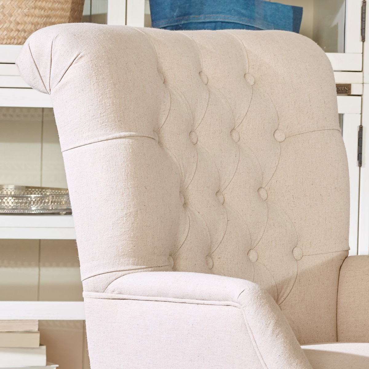 Fauteuil de table capitonné style contemporain en hévéa et lin coton AGATA ficelle, ROBIN DES BOIS