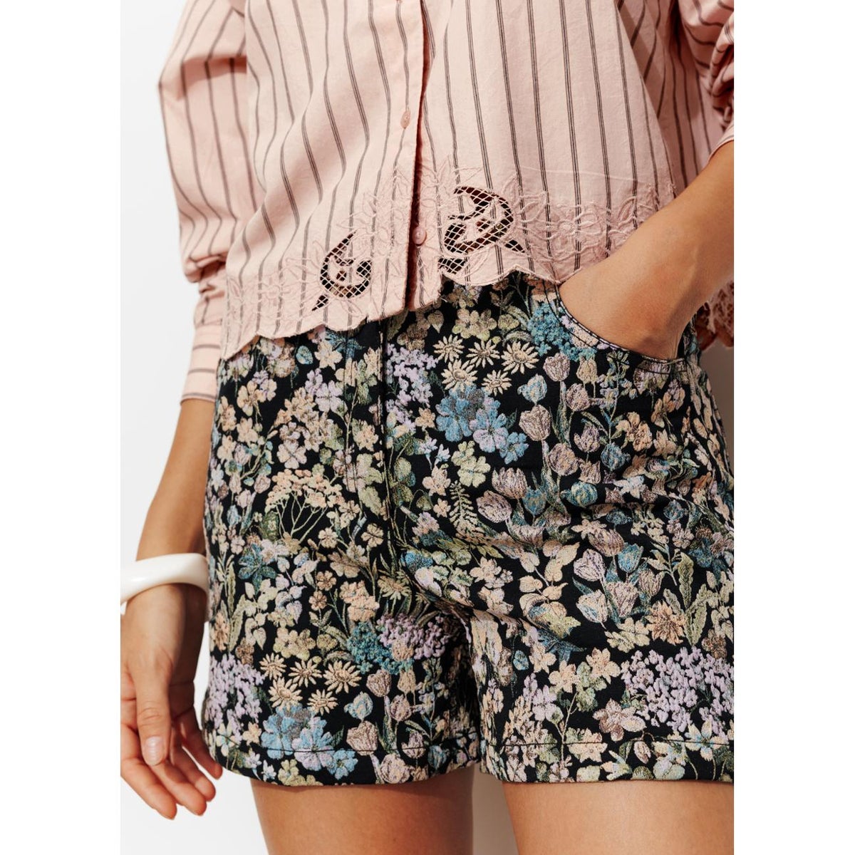 Chemise rayée détail dentelle rayé rose, PROMOD