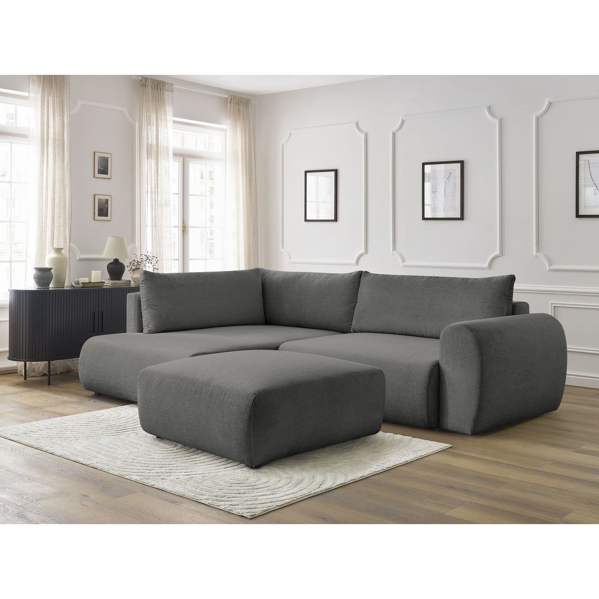 Canapé d'angle convertible 4 places en tissu lisse avec pouf, LUCIEN gris foncé, BOBOCHIC