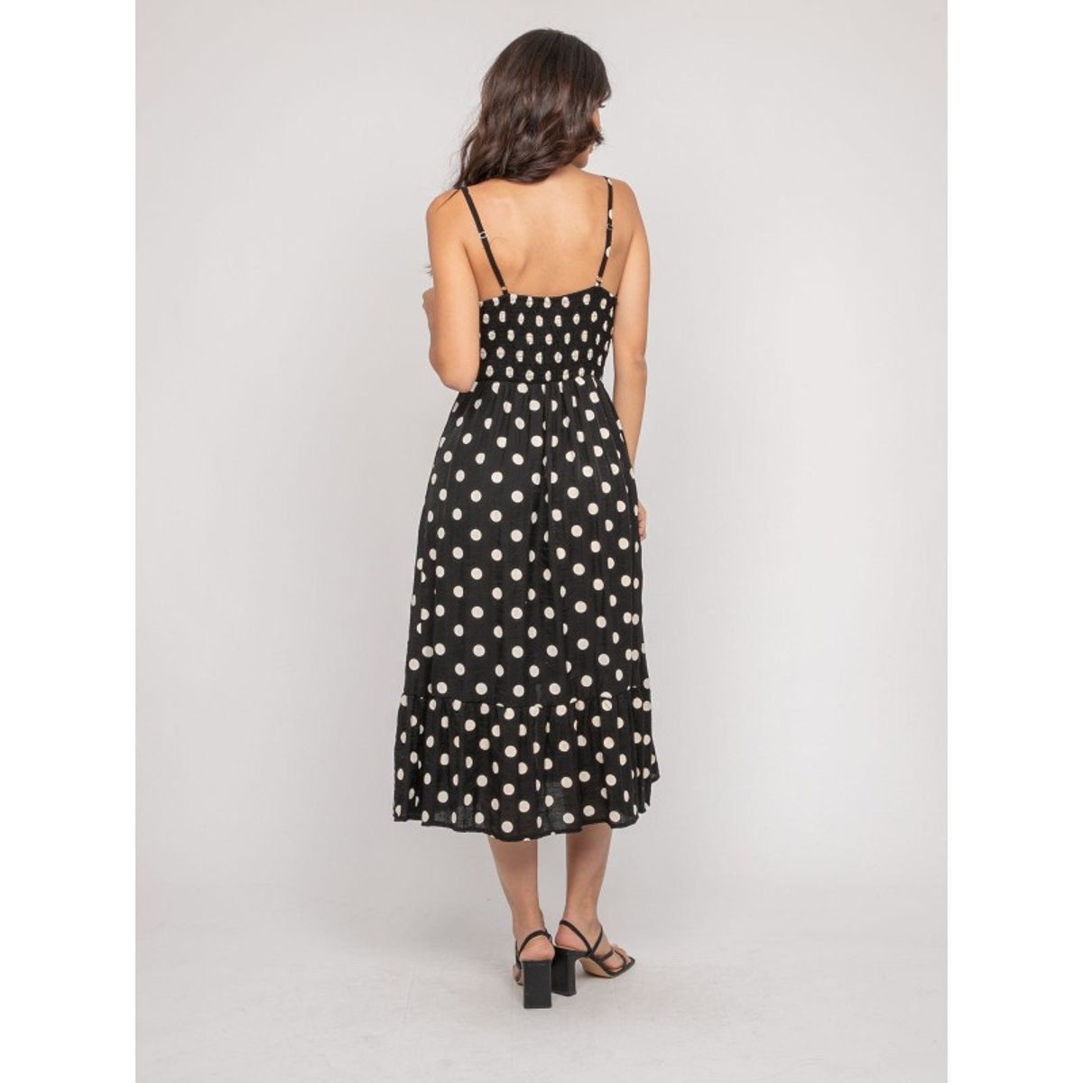 Robe Midi Fines Bretelles Motif Pois Ilomia noir, DONA LISA