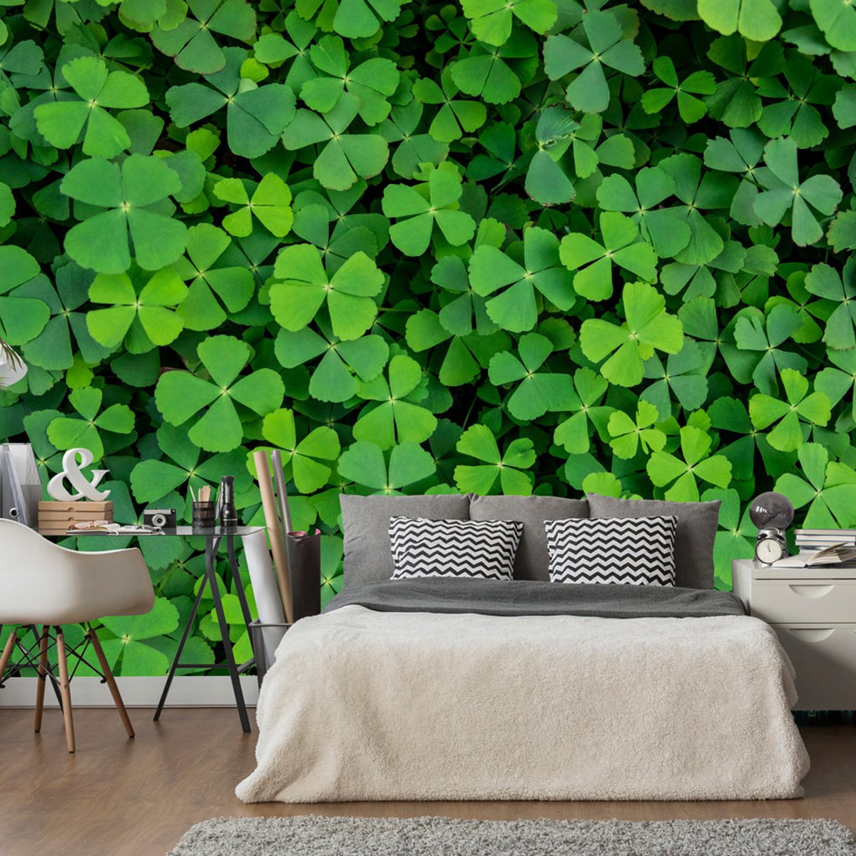 Papier peint intissé panoramique Fleurs Green Clover vert, EDEN