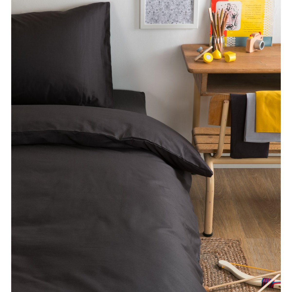 Drap housse TENCEL™ Lyocell et Coton Bio 1 personne gris carbone, KADOLIS
