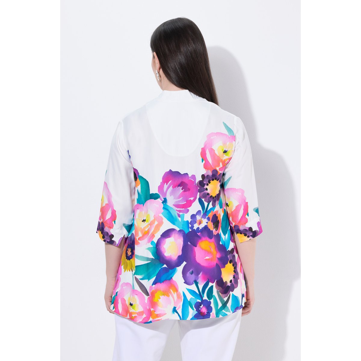 Blouse en satin, fleurs, coupe A, col calice blanc neige, ULLA POPKEN