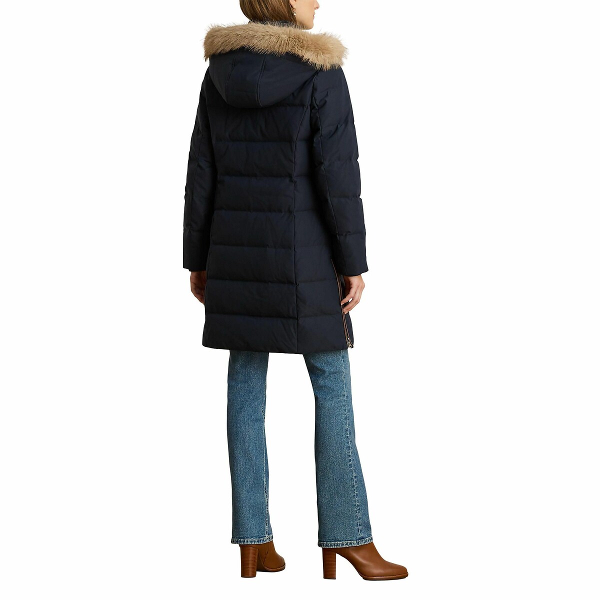 Chaqueta acolchada semilarga con capucha azul marino, LAUREN RALPH LAUREN